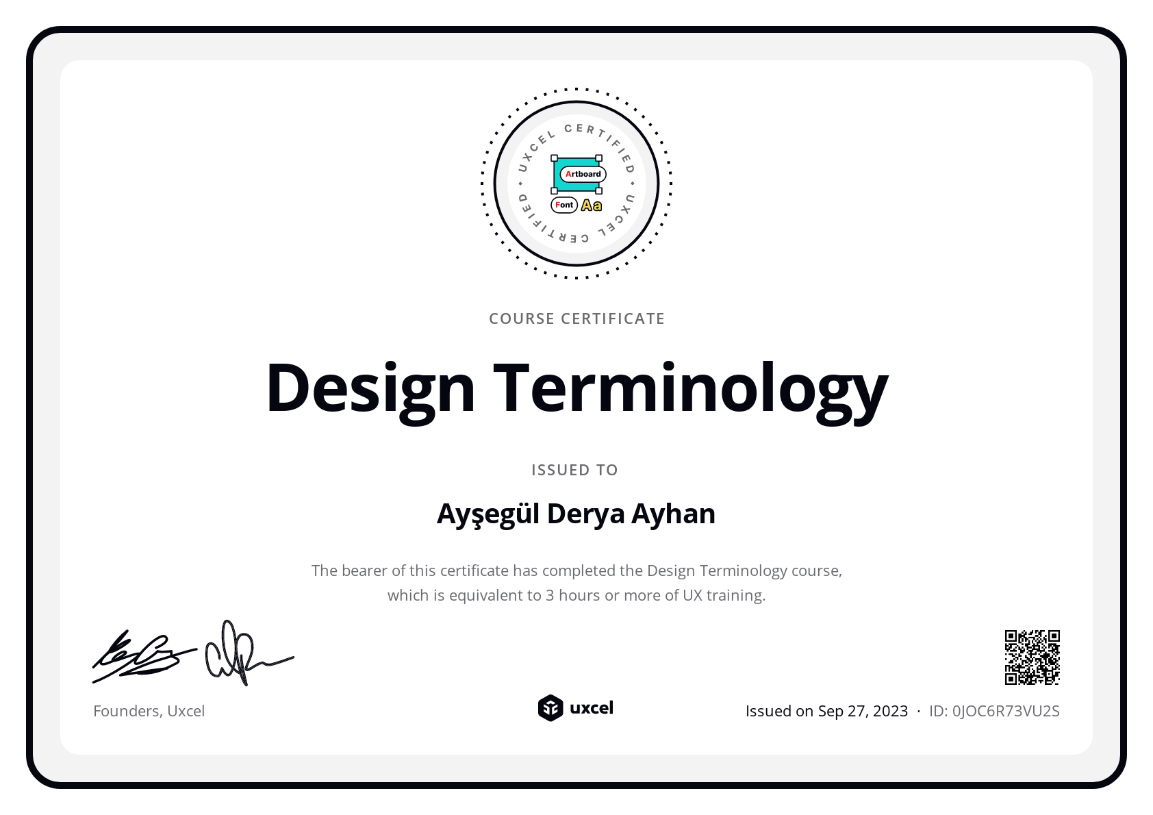 Ayşegül Derya Ayhan's certificate